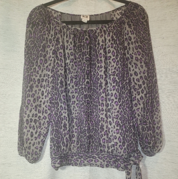 Anne Klein Large Purple Leopard Print Top 3/4 Sleeves Tie Waist - Picture 7 of 8